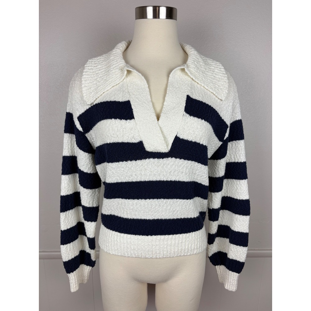 Anthropologie Maeve V Neck Striped Polo Sweater Size S Collared Blue Ivory‎